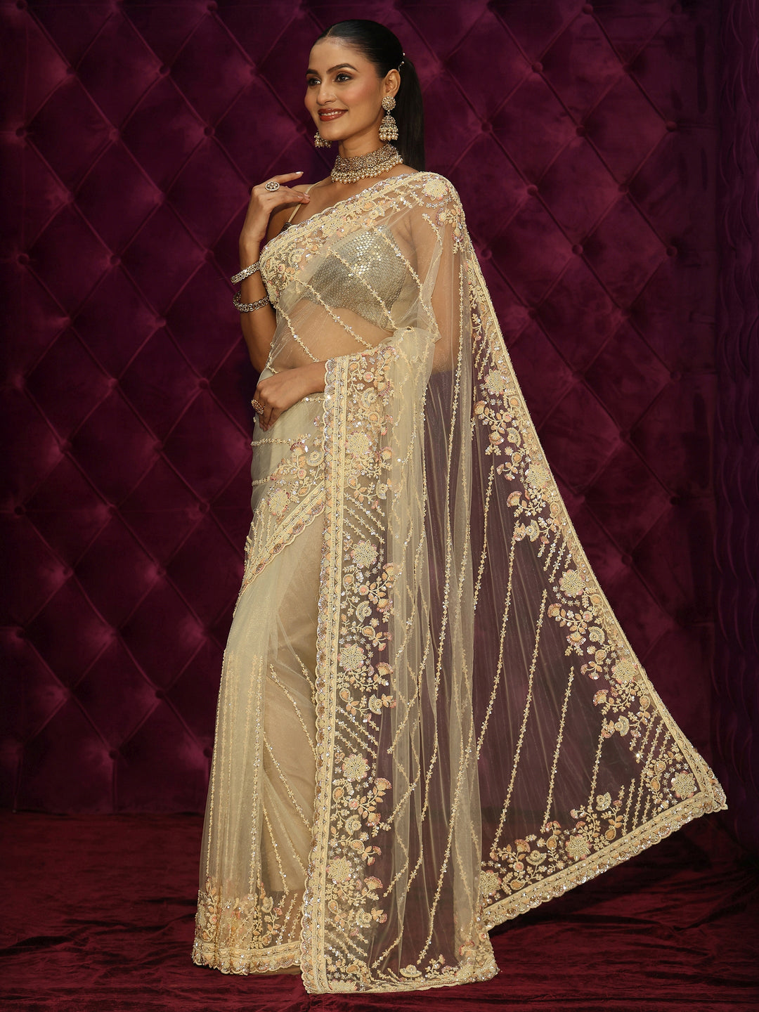  Libas Art Cream Floral Embellished Net Saree 