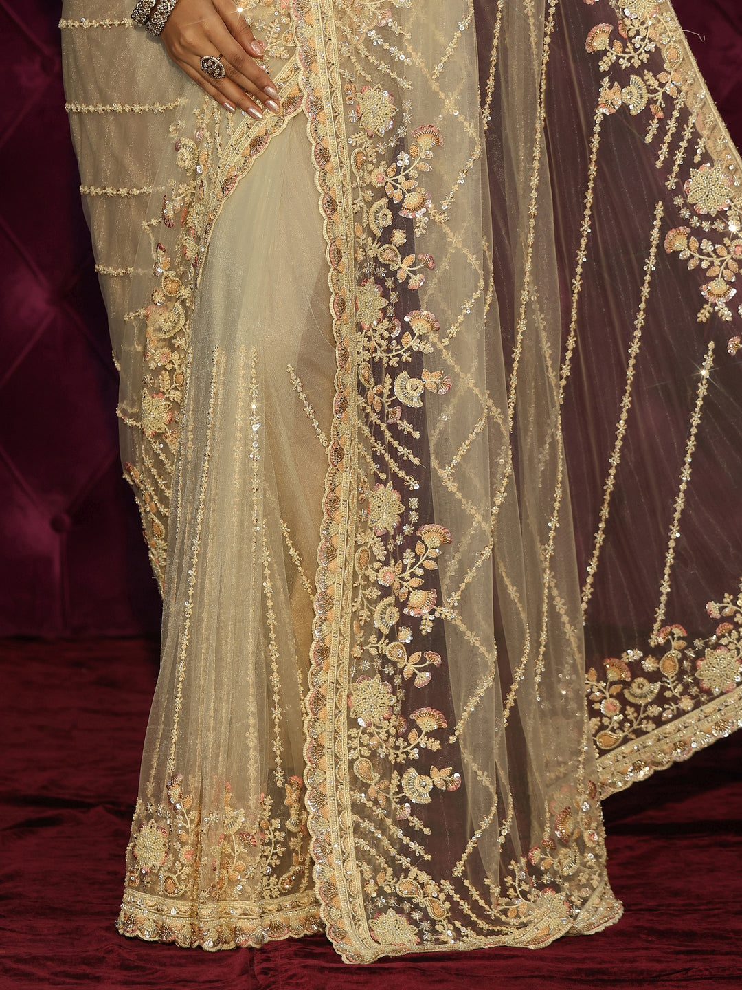  Libas Art Cream Floral Embellished Net Saree 
