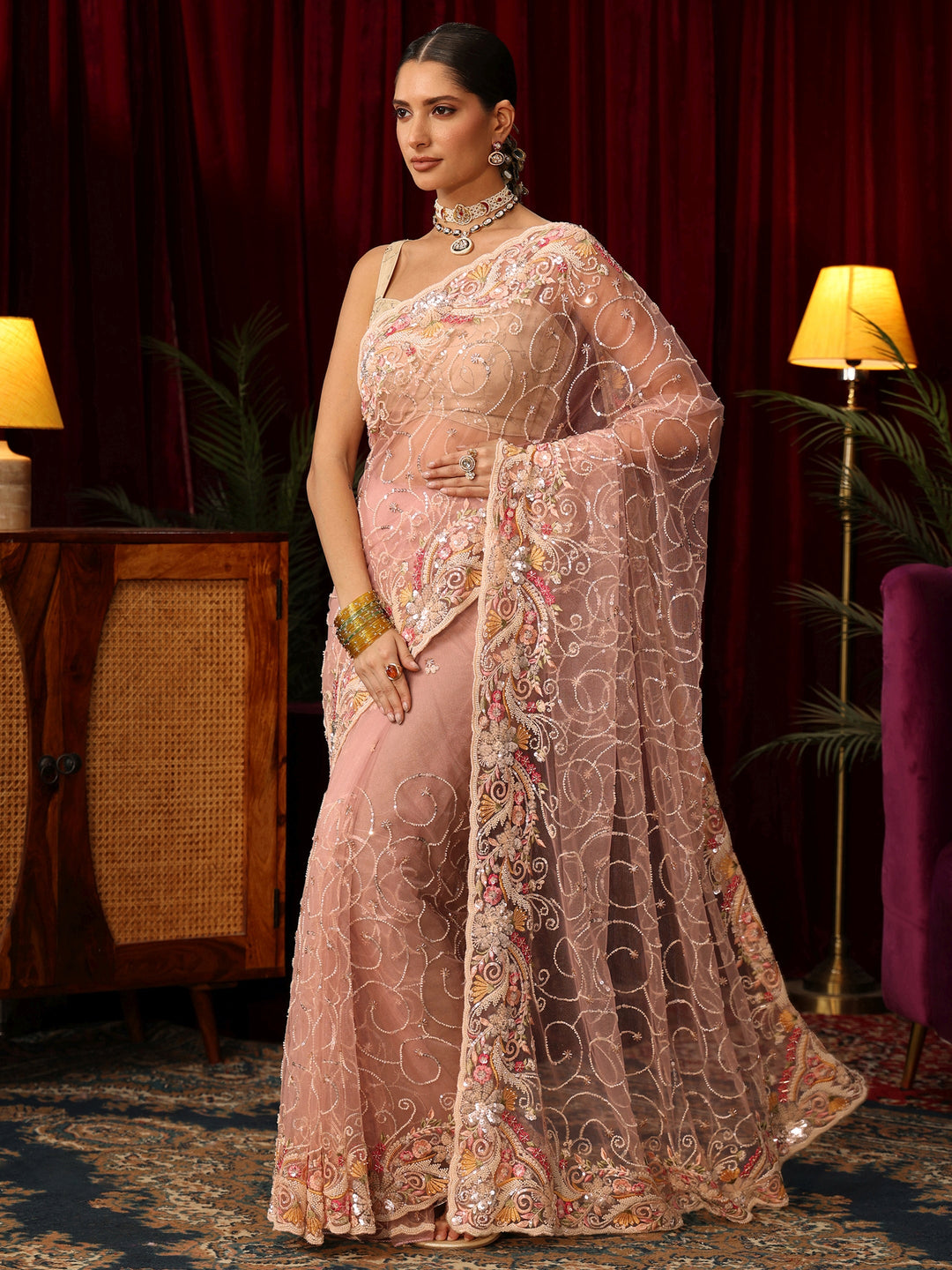  Libas Art Baby Pink Net Saree with Bead and Sequin Embellishment 