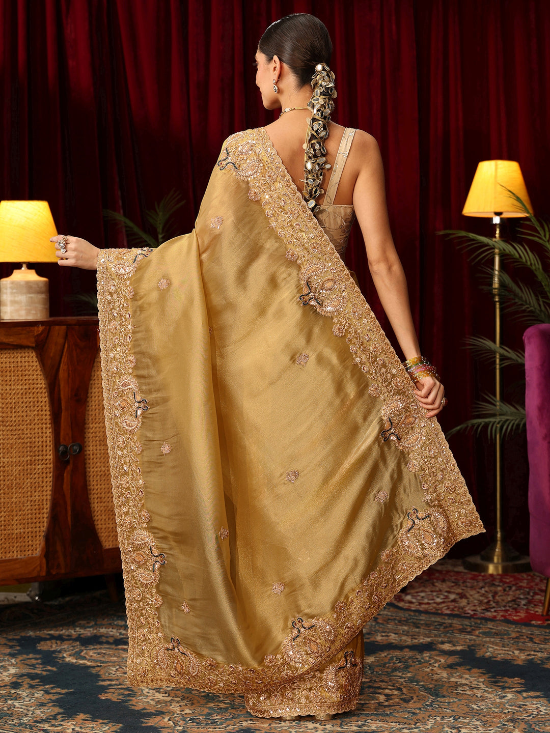  Libas Art Mustard Tissue Saree with Sequin and Zari Embellished Border 