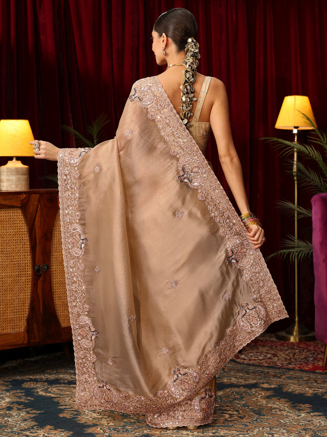  Libas Art Golden Tissue Saree with Sequin and Zari Embellished Border 