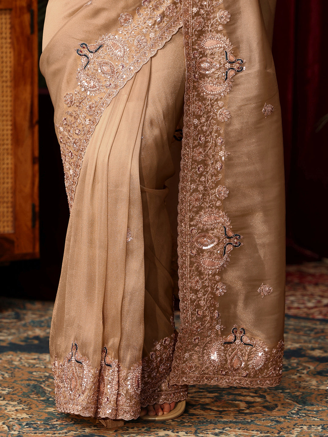  Libas Art Golden Tissue Saree with Sequin and Zari Embellished Border 