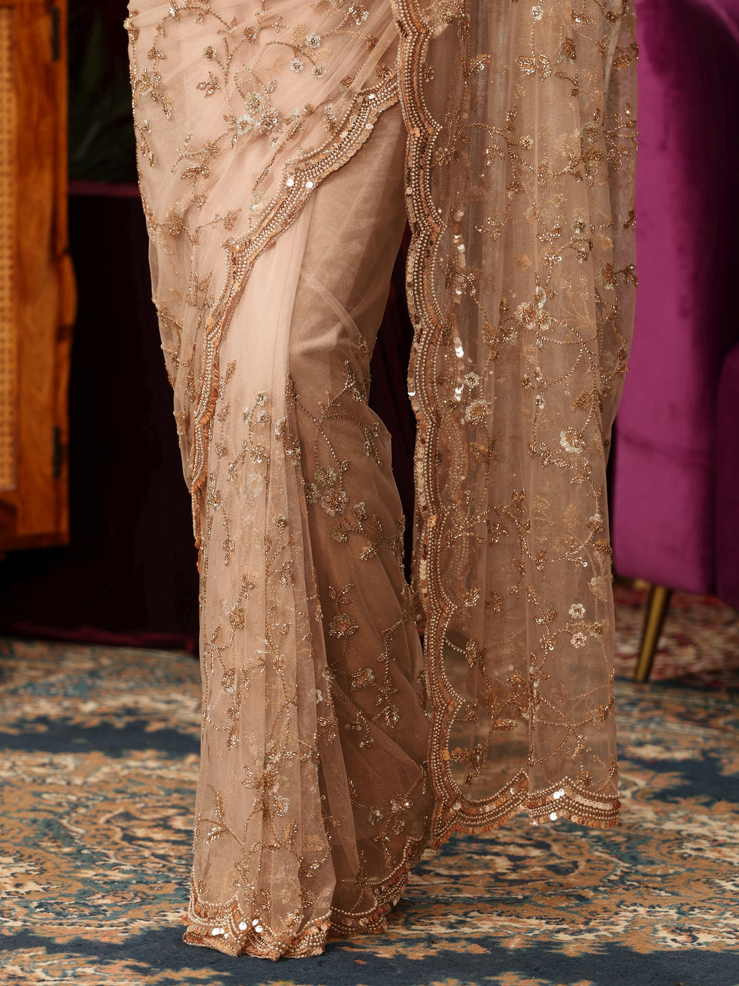  Libas Art Taupe Floral Sequin Embellished Net Saree 