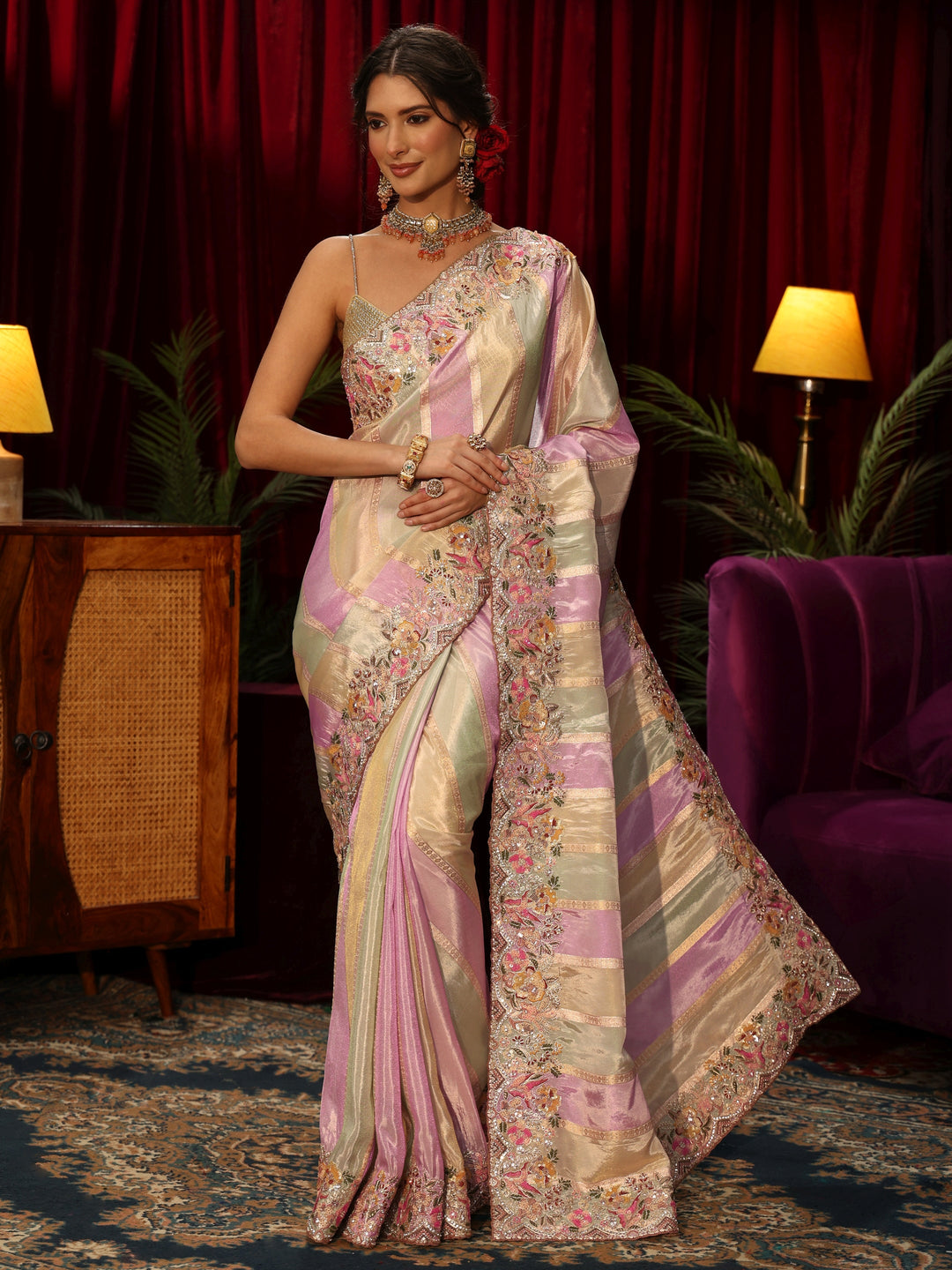 Libas Art Multi Colour Striped Silk Blend Saree with Embroidered Border 
