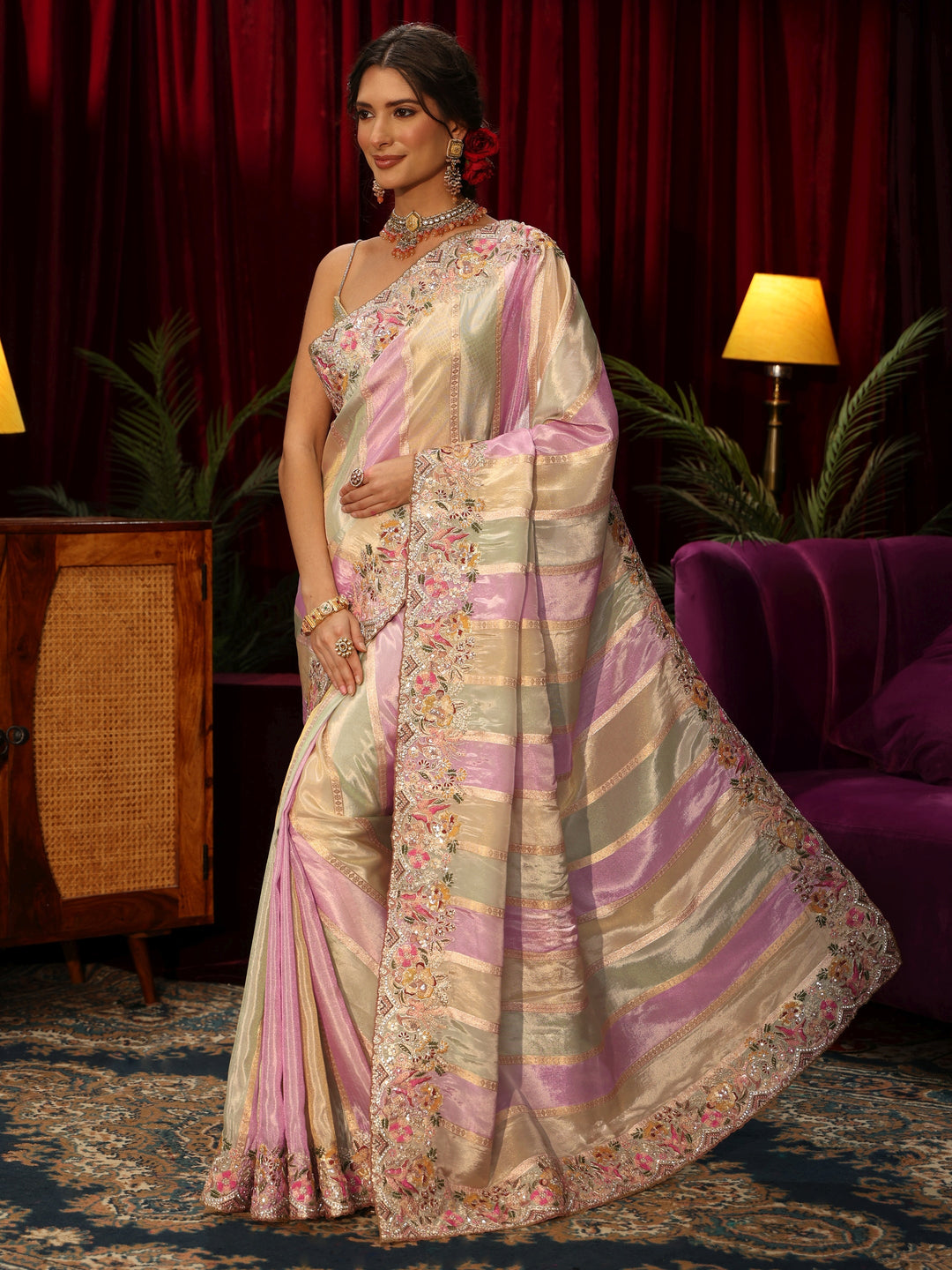  Libas Art Multi Colour Striped Silk Blend Saree with Embroidered Border 
