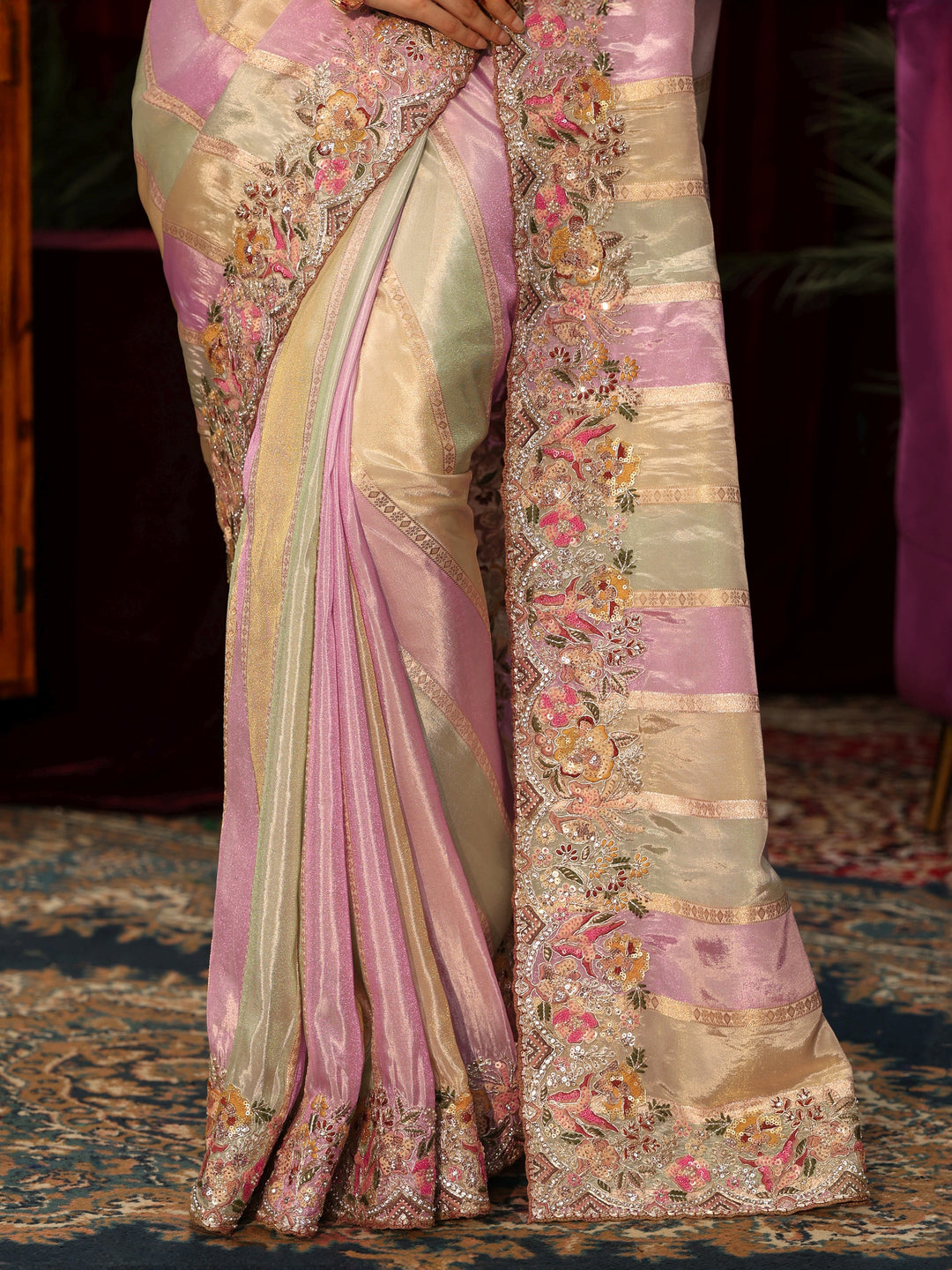  Libas Art Multi Colour Striped Silk Blend Saree with Embroidered Border 