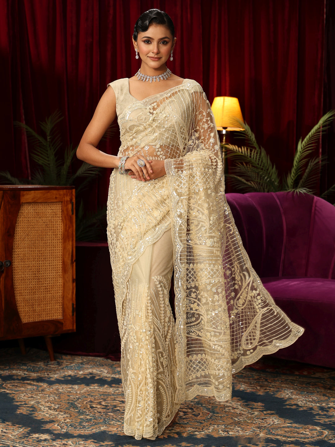  Libas Art Off White Floral Sequin Embellished Net Saree 
