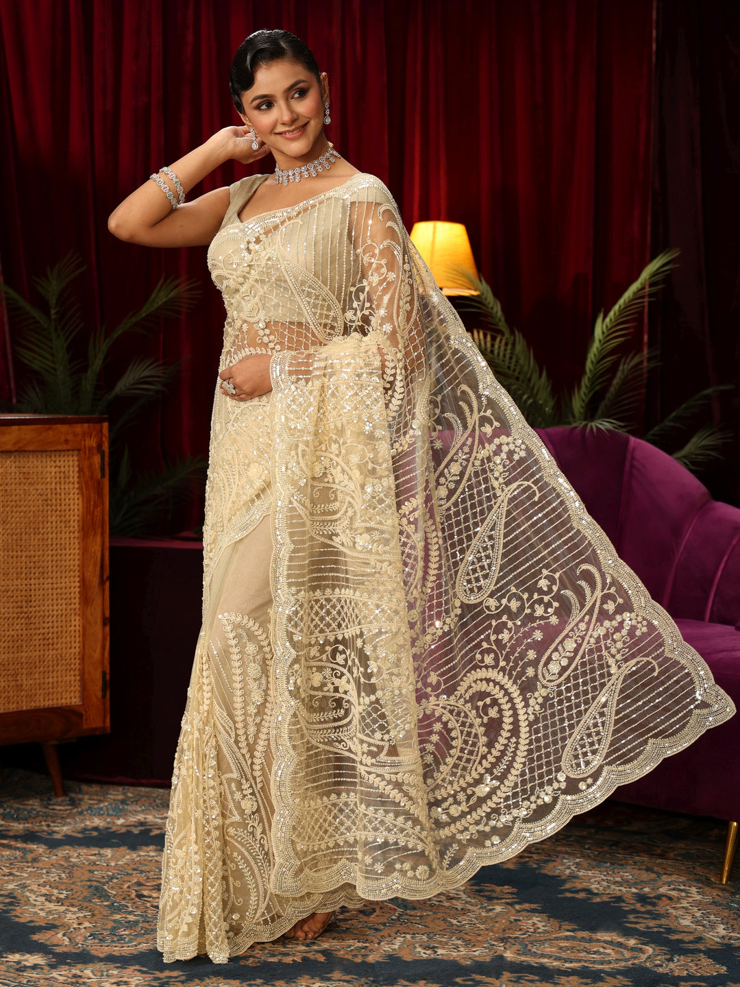  Libas Art Off White Floral Sequin Embellished Net Saree 