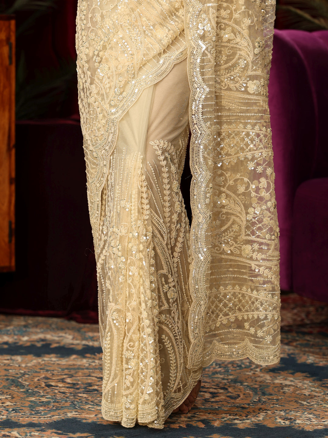 Libas Art Off White Floral Sequin Embellished Net Saree 