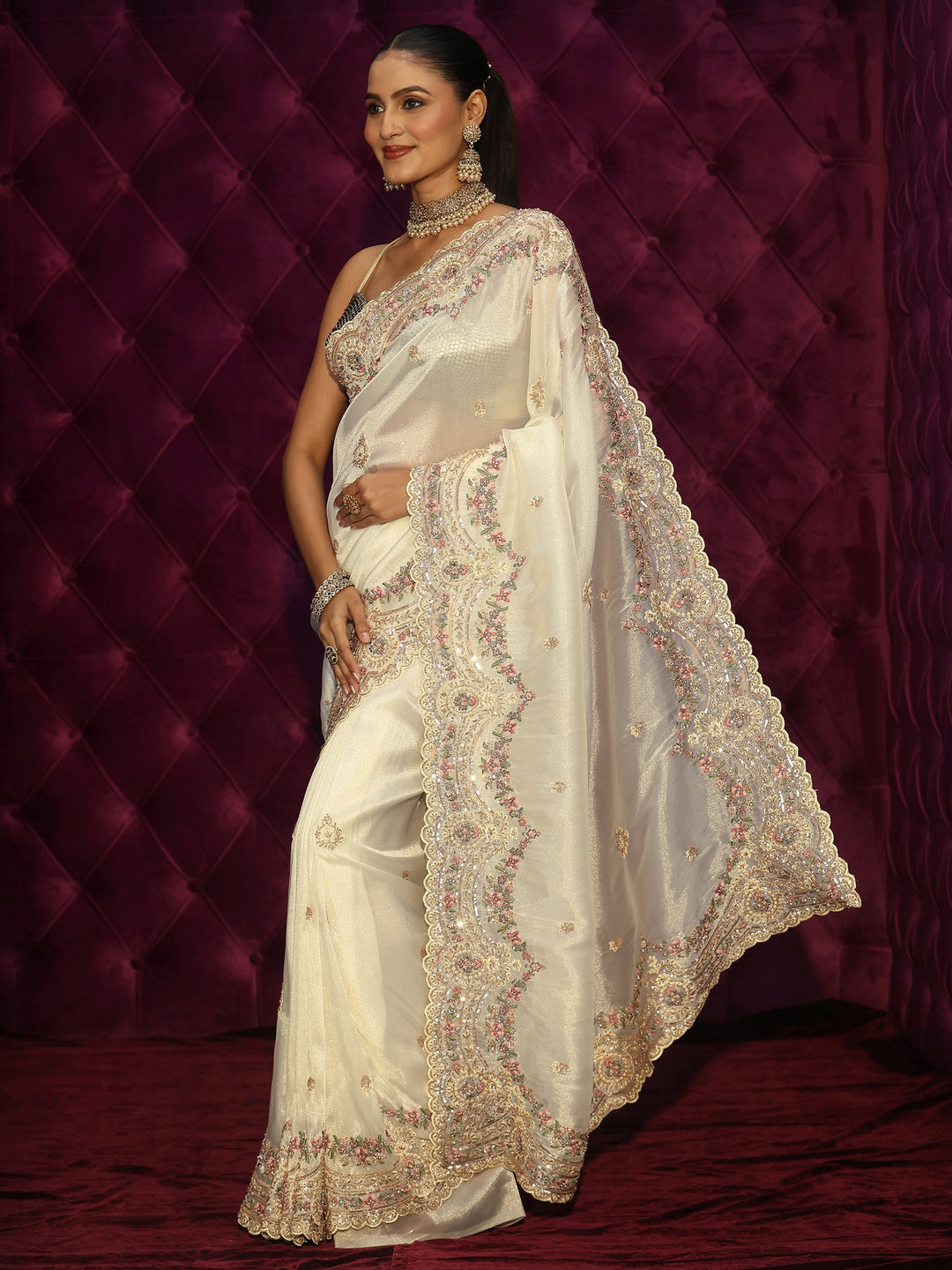  Libas Art Cream Floral Sequin Embellished Tissue Saree 