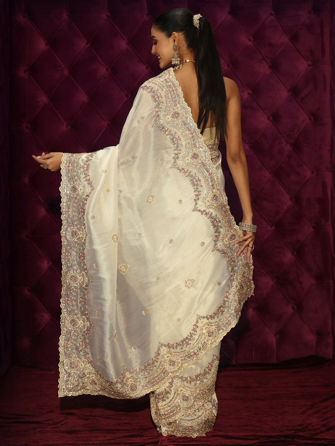  Libas Art Cream Floral Sequin Embellished Tissue Saree 