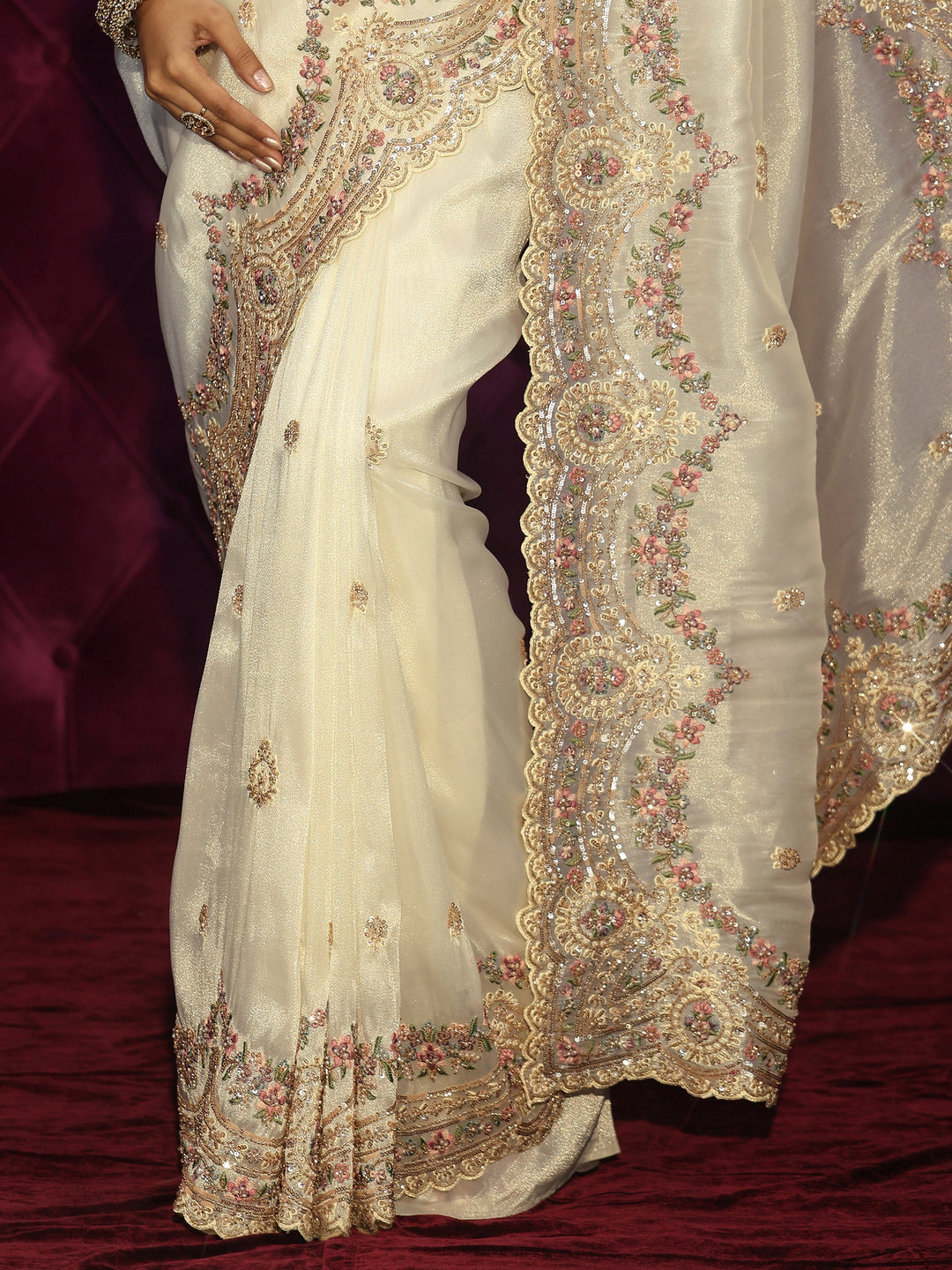  Libas Art Cream Floral Sequin Embellished Tissue Saree 