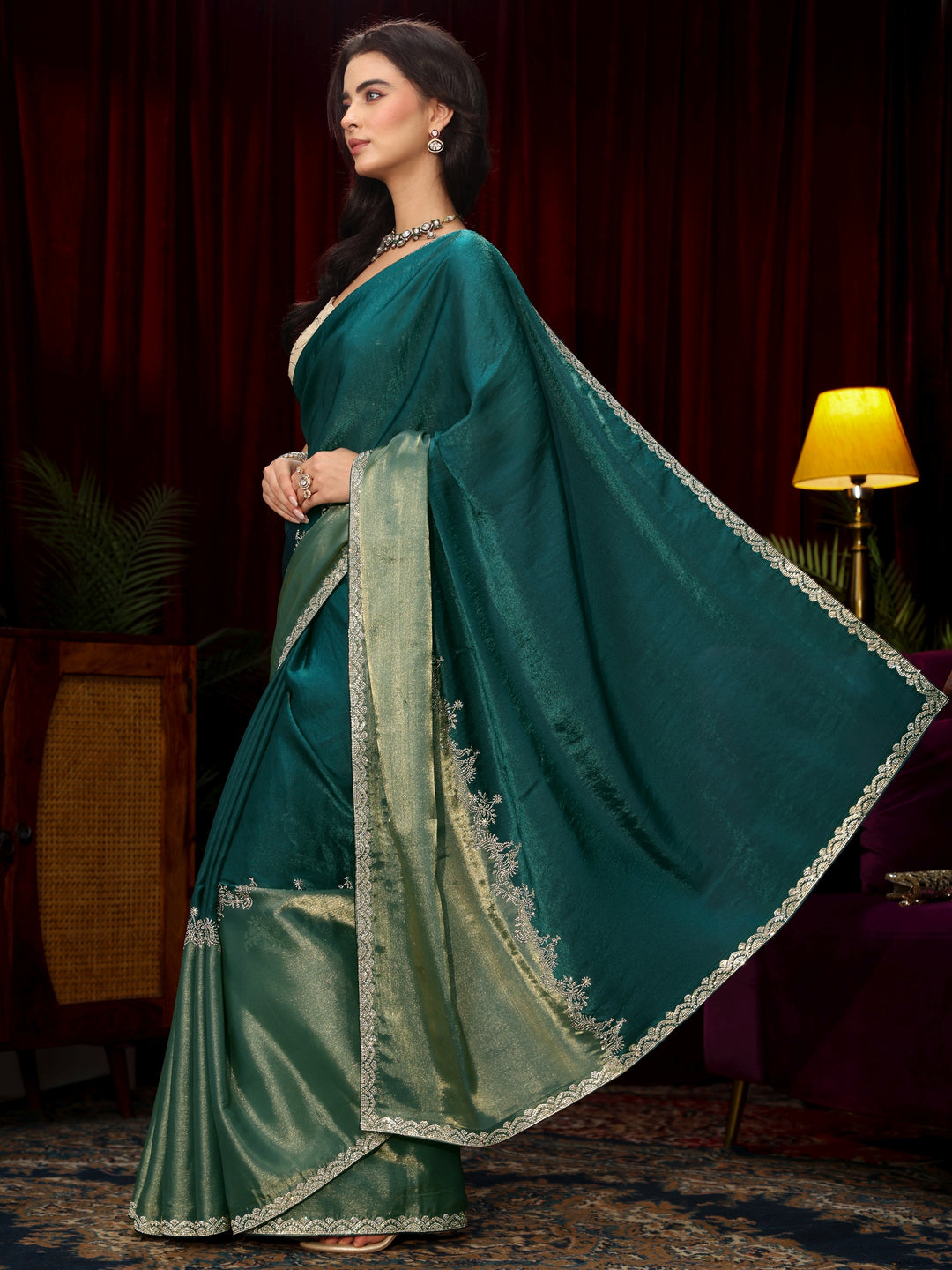  Libas Dark Green Floral Embellished Tissue Saree 
