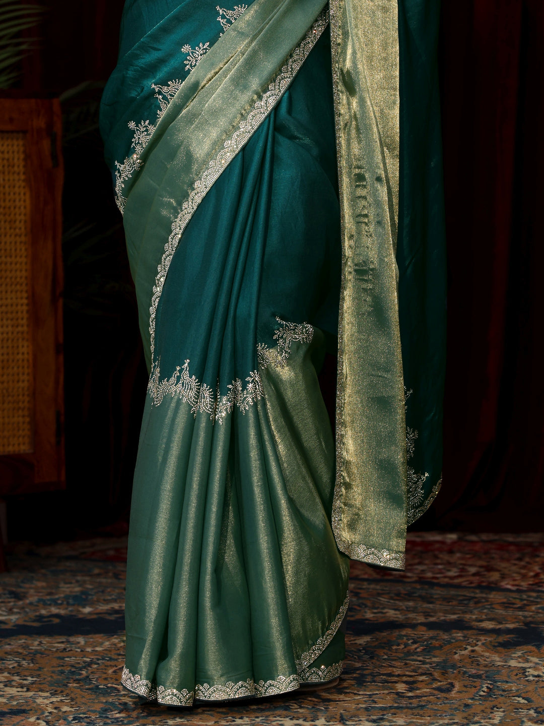  Libas Dark Green Floral Embellished Tissue Saree 