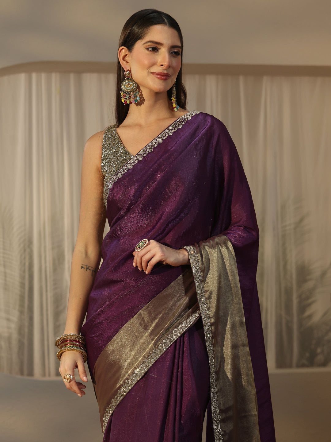  Libas Purple Tissue Saree with Embellished Border 