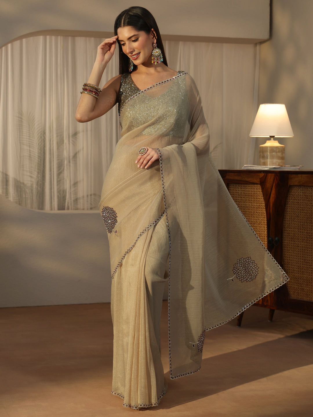  Libas Beige Floral Embellished Tissue Saree 