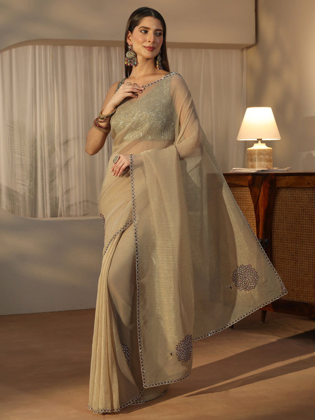 Libas Beige Floral Embellished Tissue Saree 