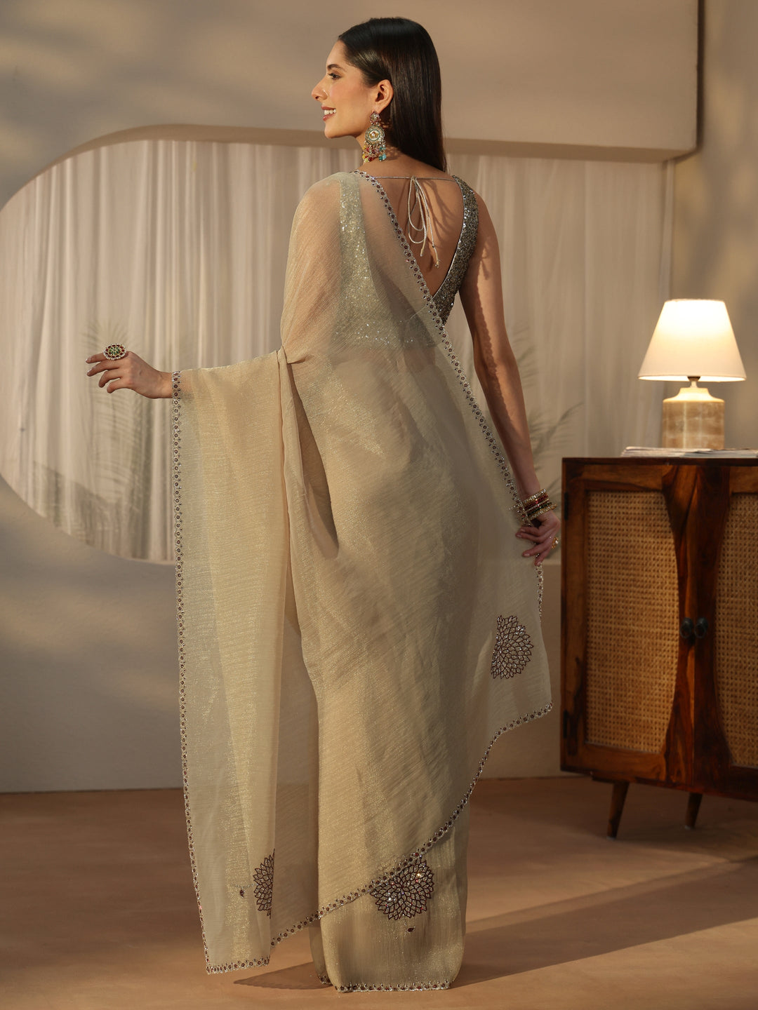  Libas Beige Floral Embellished Tissue Saree 