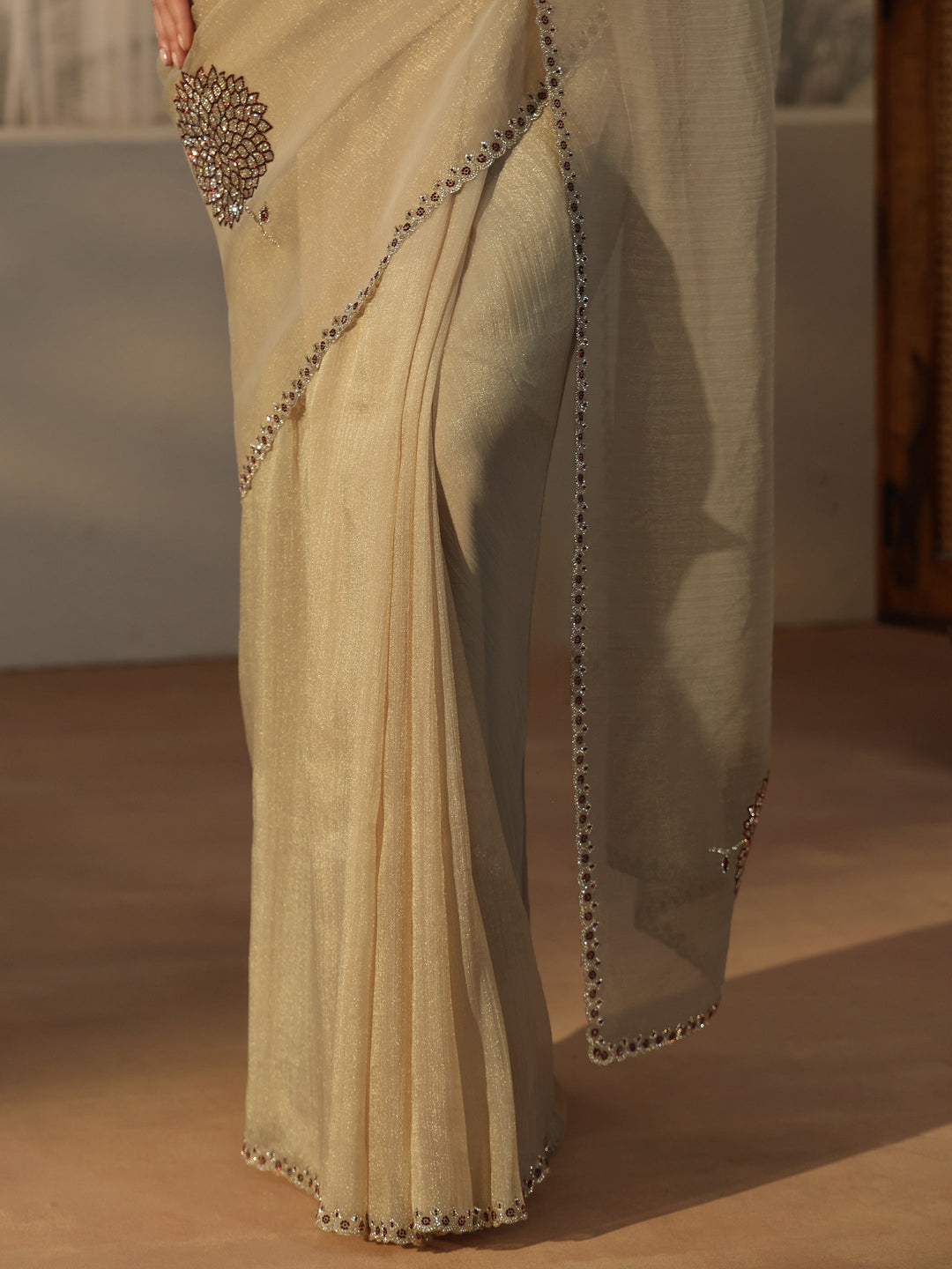  Libas Beige Floral Embellished Tissue Saree 