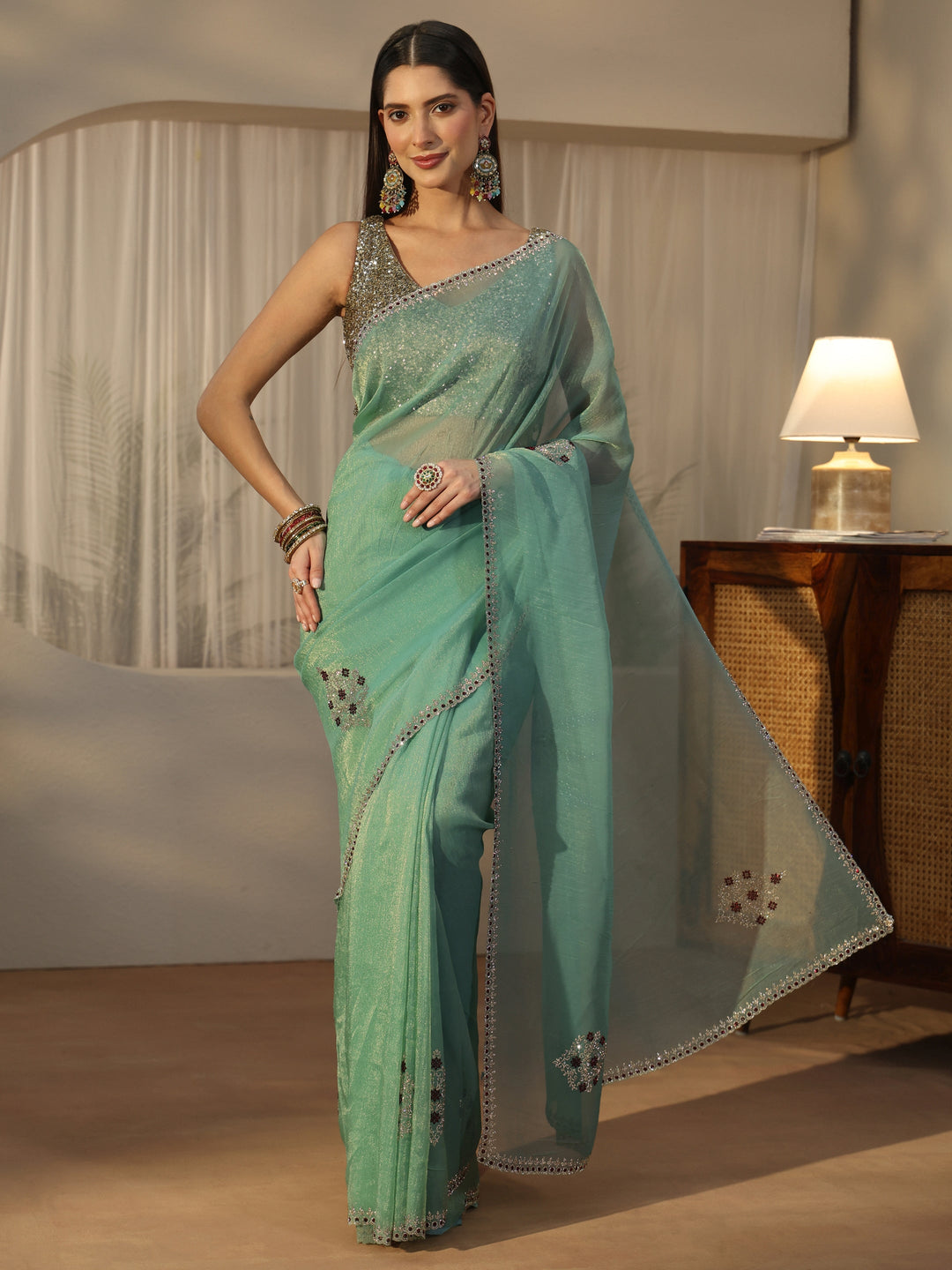  Libas Sea Green Floral Embellished Tissue Saree 