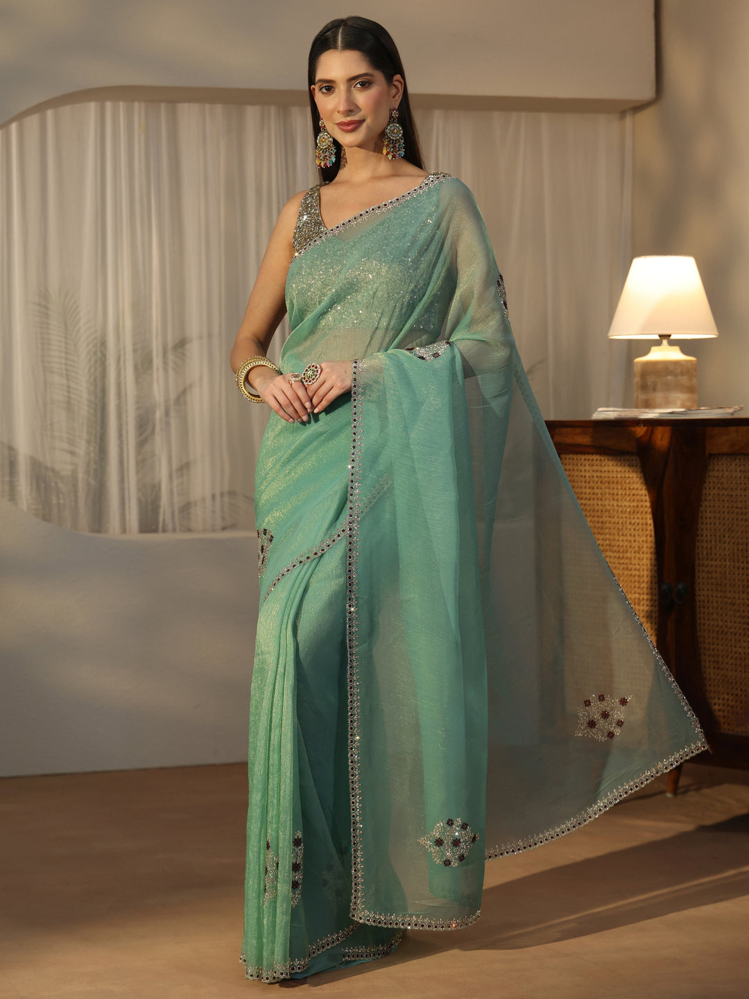  Libas Sea Green Floral Embellished Tissue Saree 