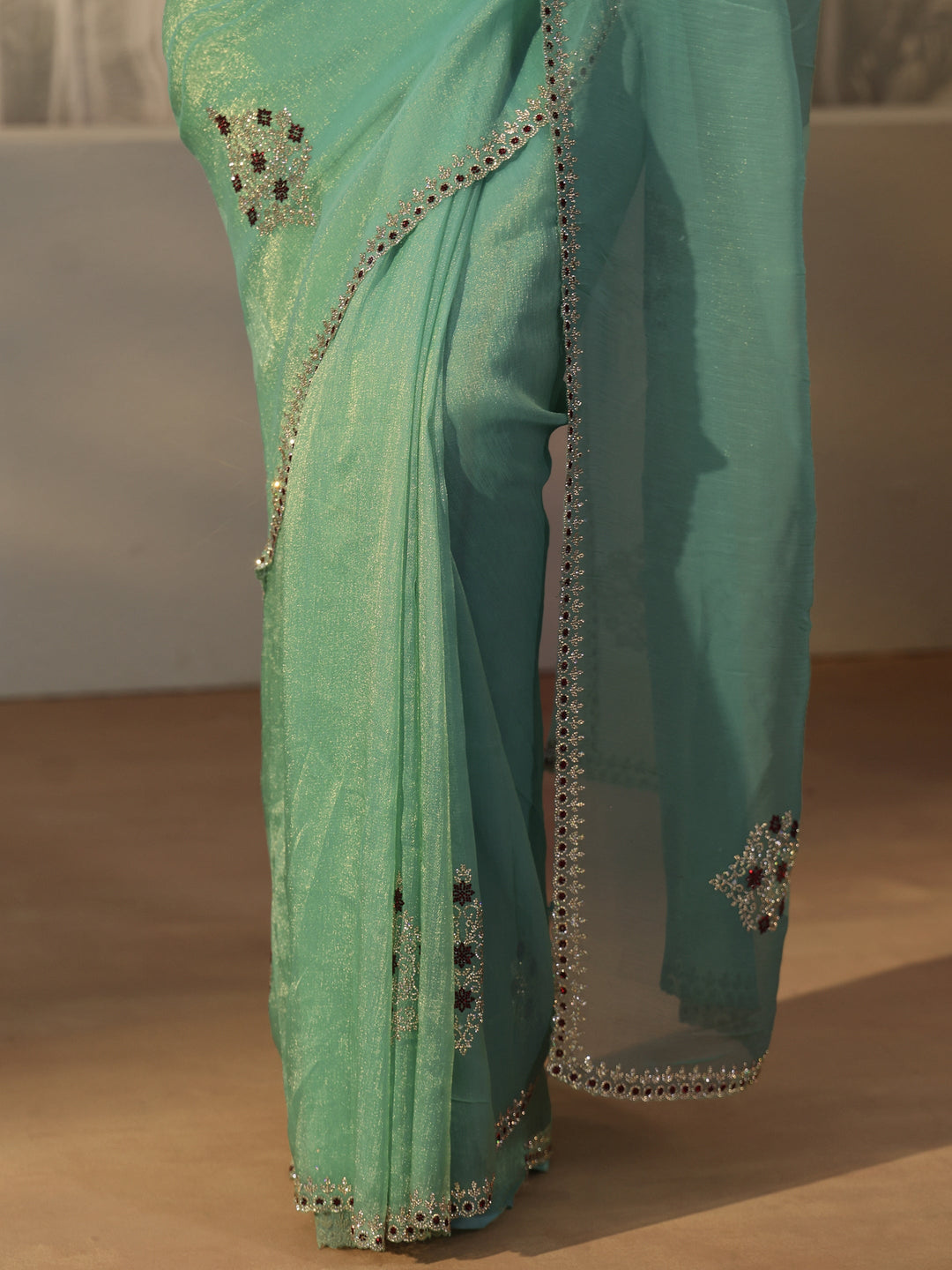  Libas Sea Green Floral Embellished Tissue Saree 