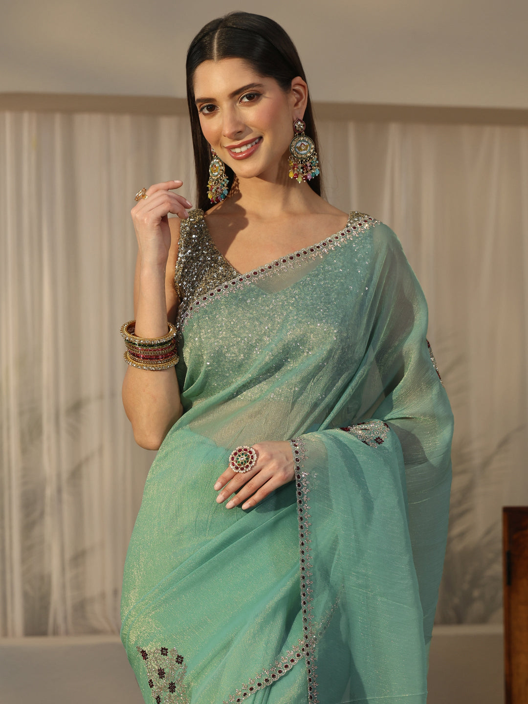  Libas Sea Green Floral Embellished Tissue Saree 