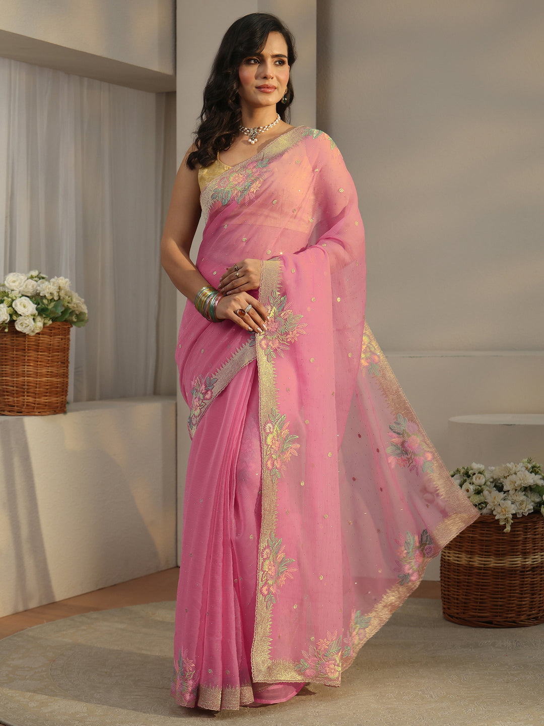  Libas Baby Pink Floral Embroidered Organza Saree 