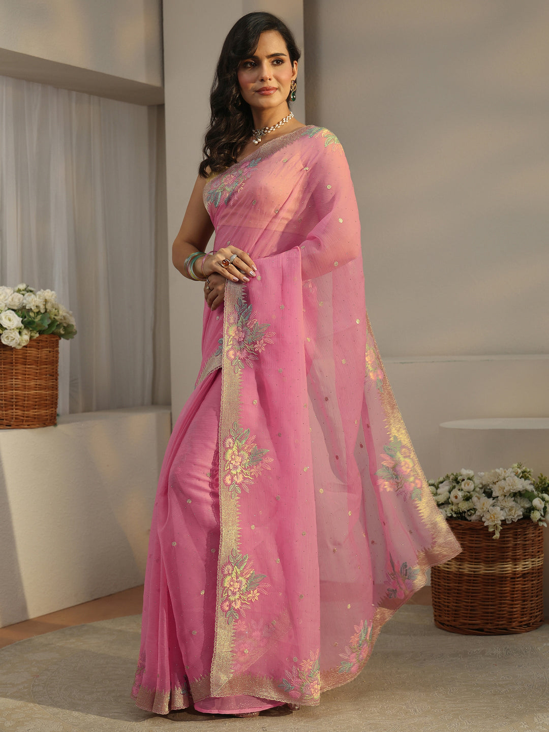  Libas Baby Pink Floral Embroidered Organza Saree 