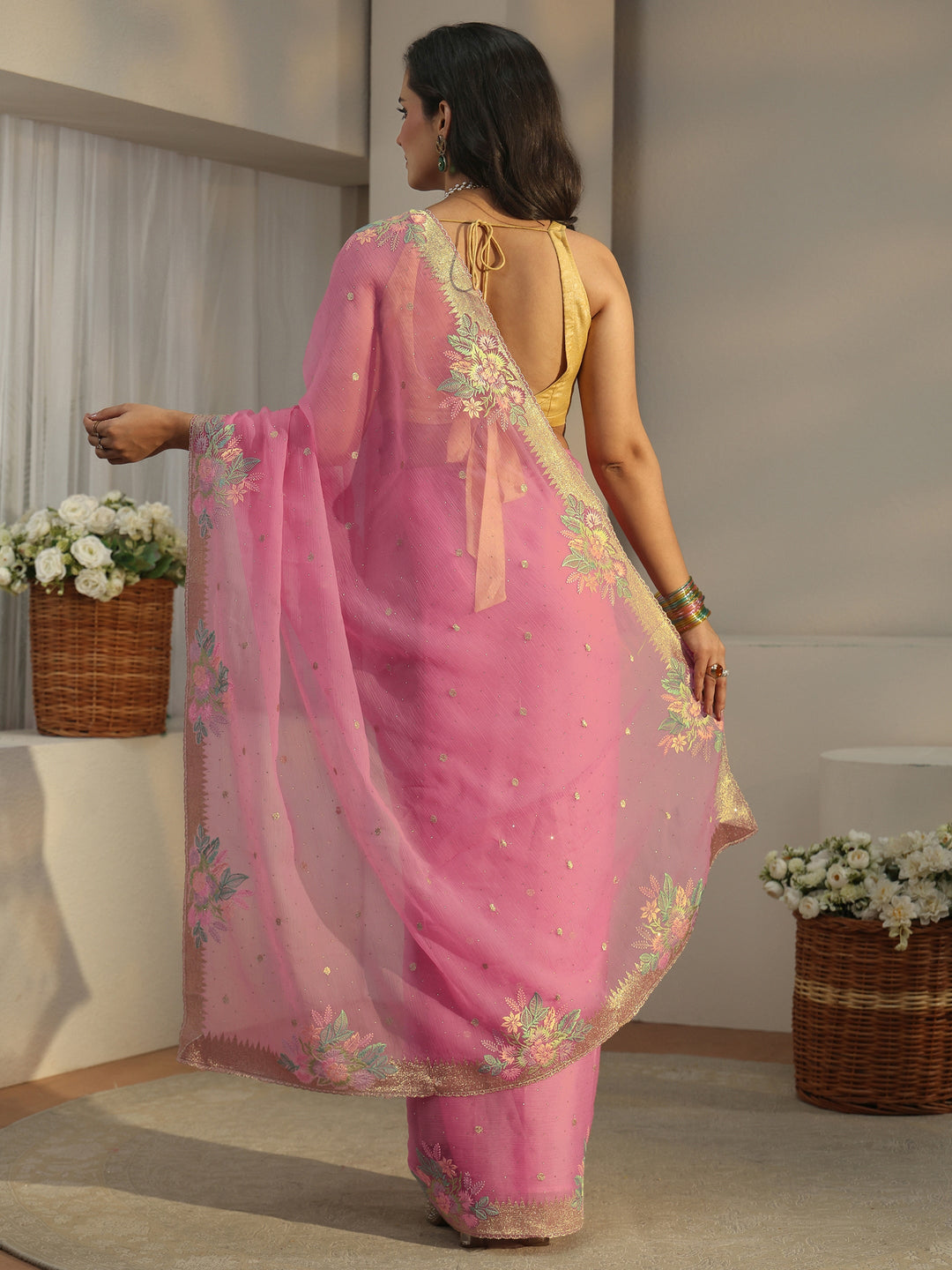  Libas Baby Pink Floral Embroidered Organza Saree 