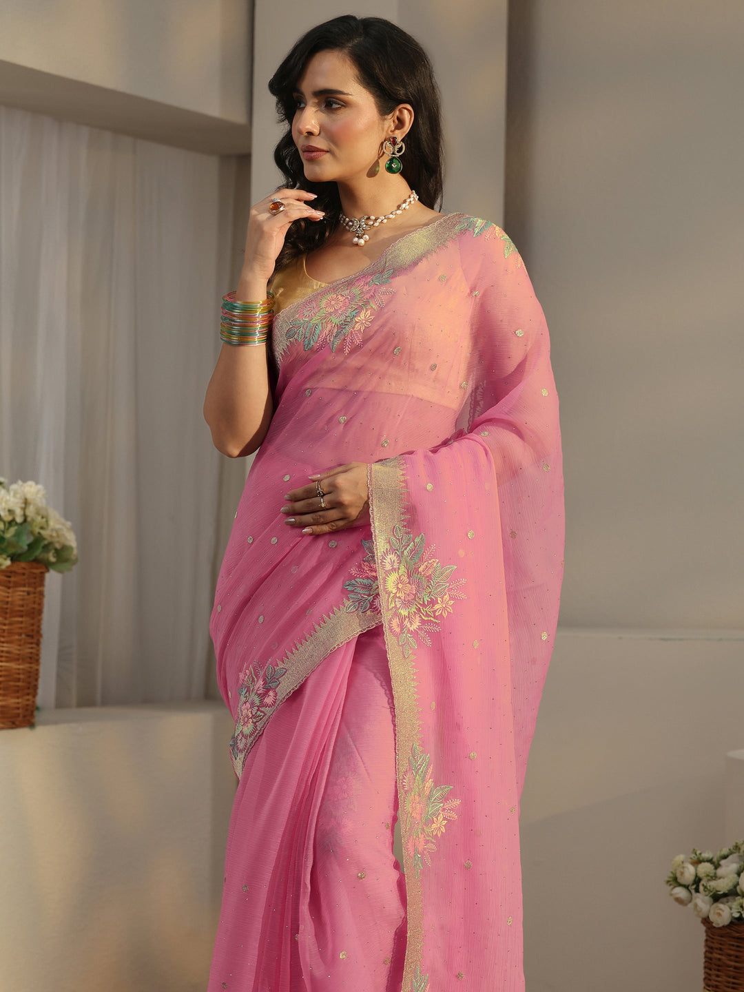  Libas Baby Pink Floral Embroidered Organza Saree 
