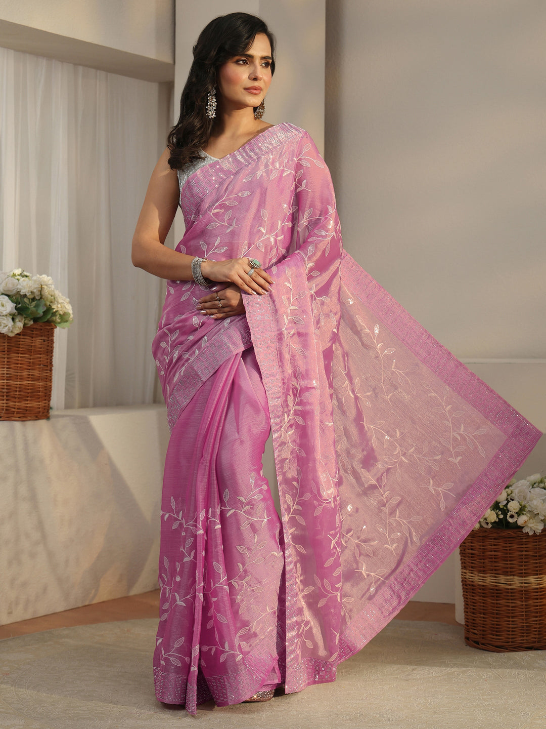  Libas Pink Floral Embellished Tissue Saree 