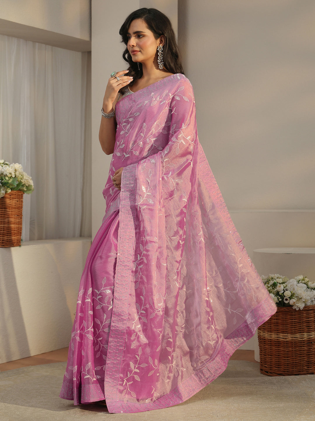  Libas Pink Floral Embellished Tissue Saree 