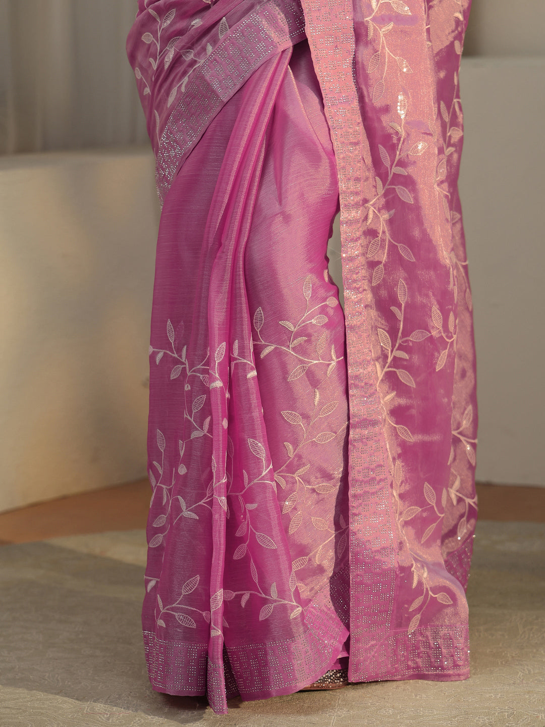  Libas Pink Floral Embellished Tissue Saree 