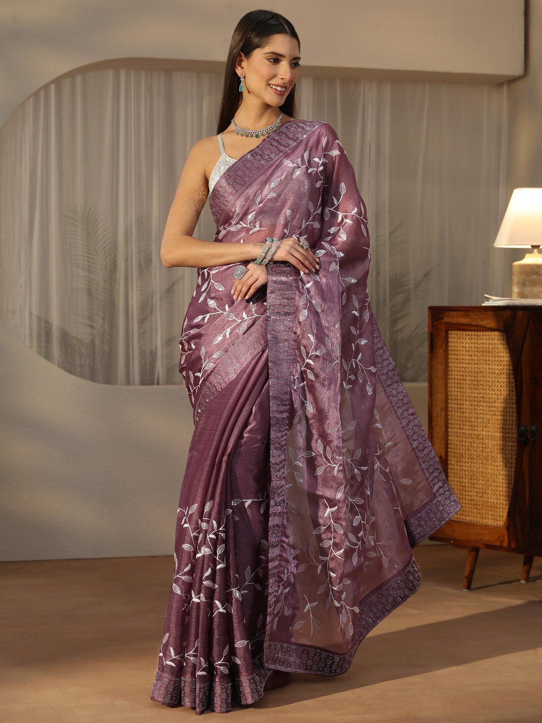  Libas Mauve Floral Embellished Tissue Saree 