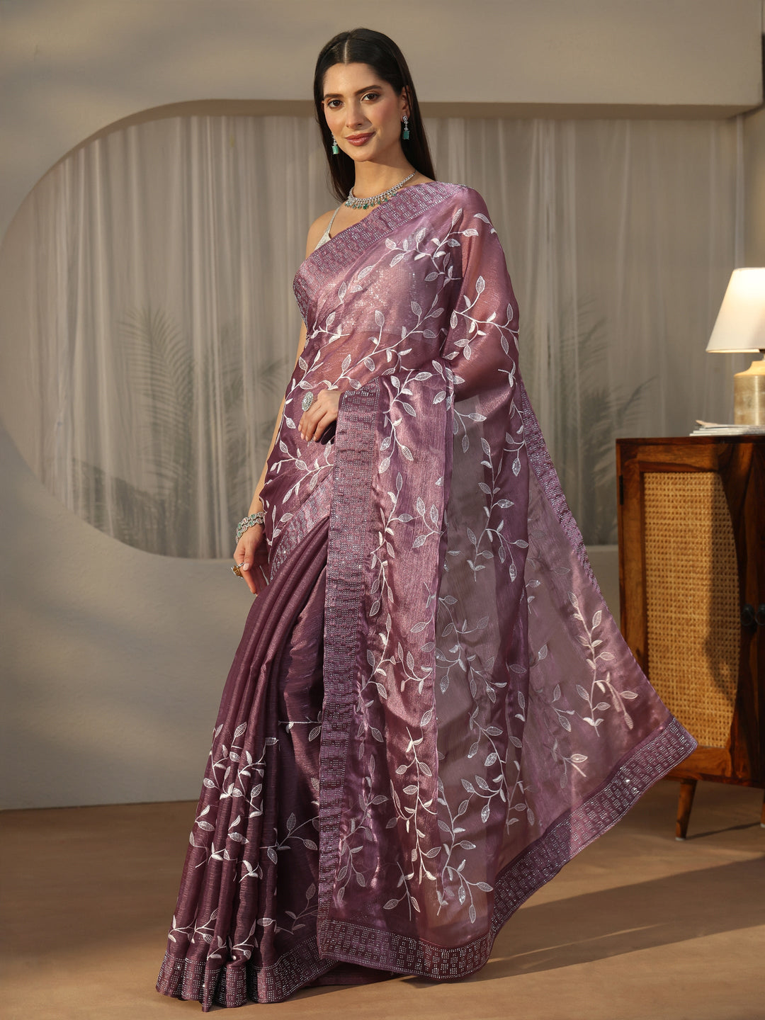  Libas Mauve Floral Embellished Tissue Saree 