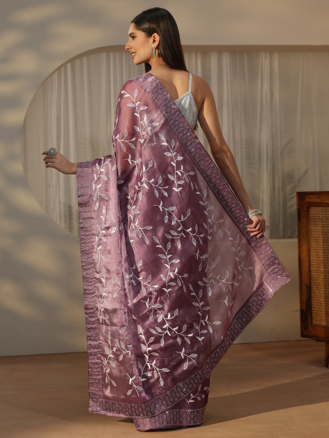  Libas Mauve Floral Embellished Tissue Saree 