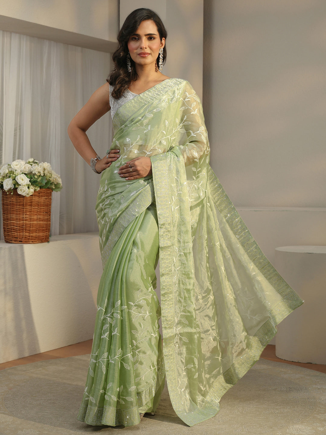  Libas Pista Green Floral Embellished Tissue Saree 