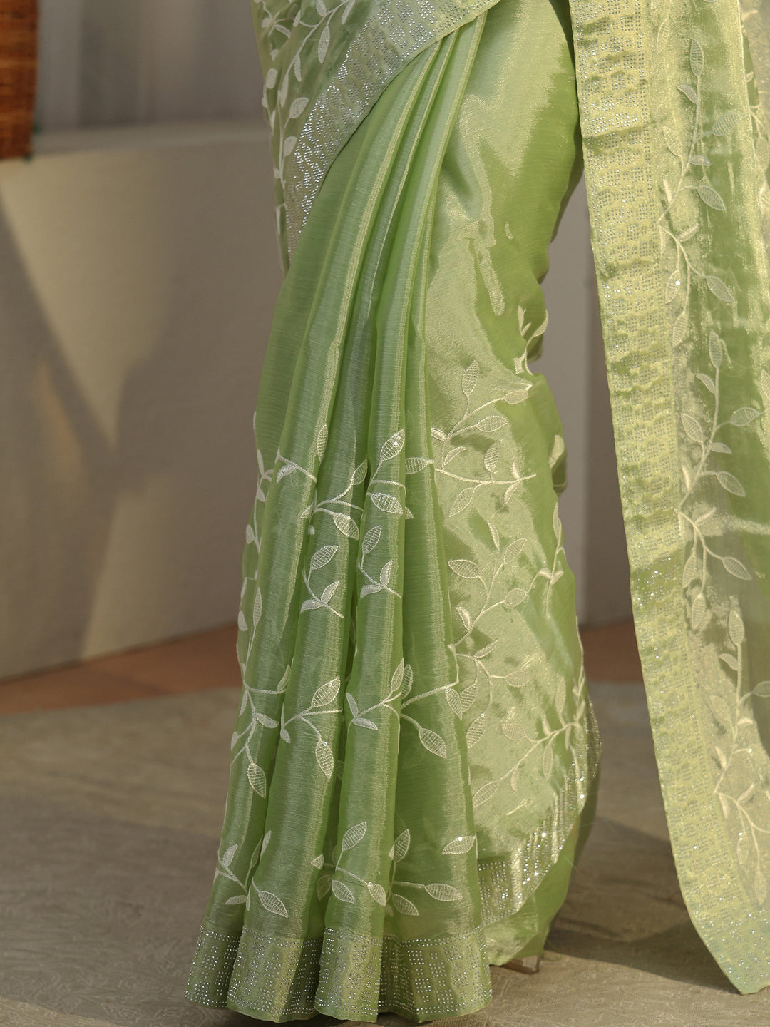  Libas Pista Green Floral Embellished Tissue Saree 
