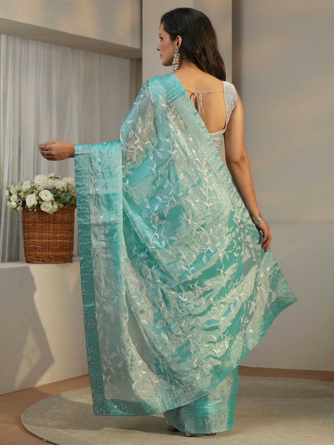  Libas Turquoise Blue Floral Embellished Tissue Saree 