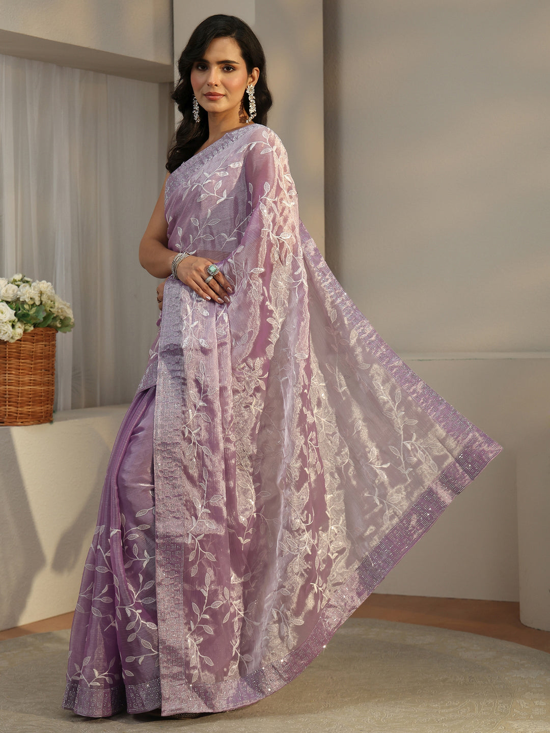  Libas Lilac Floral Embellished Tissue Saree 