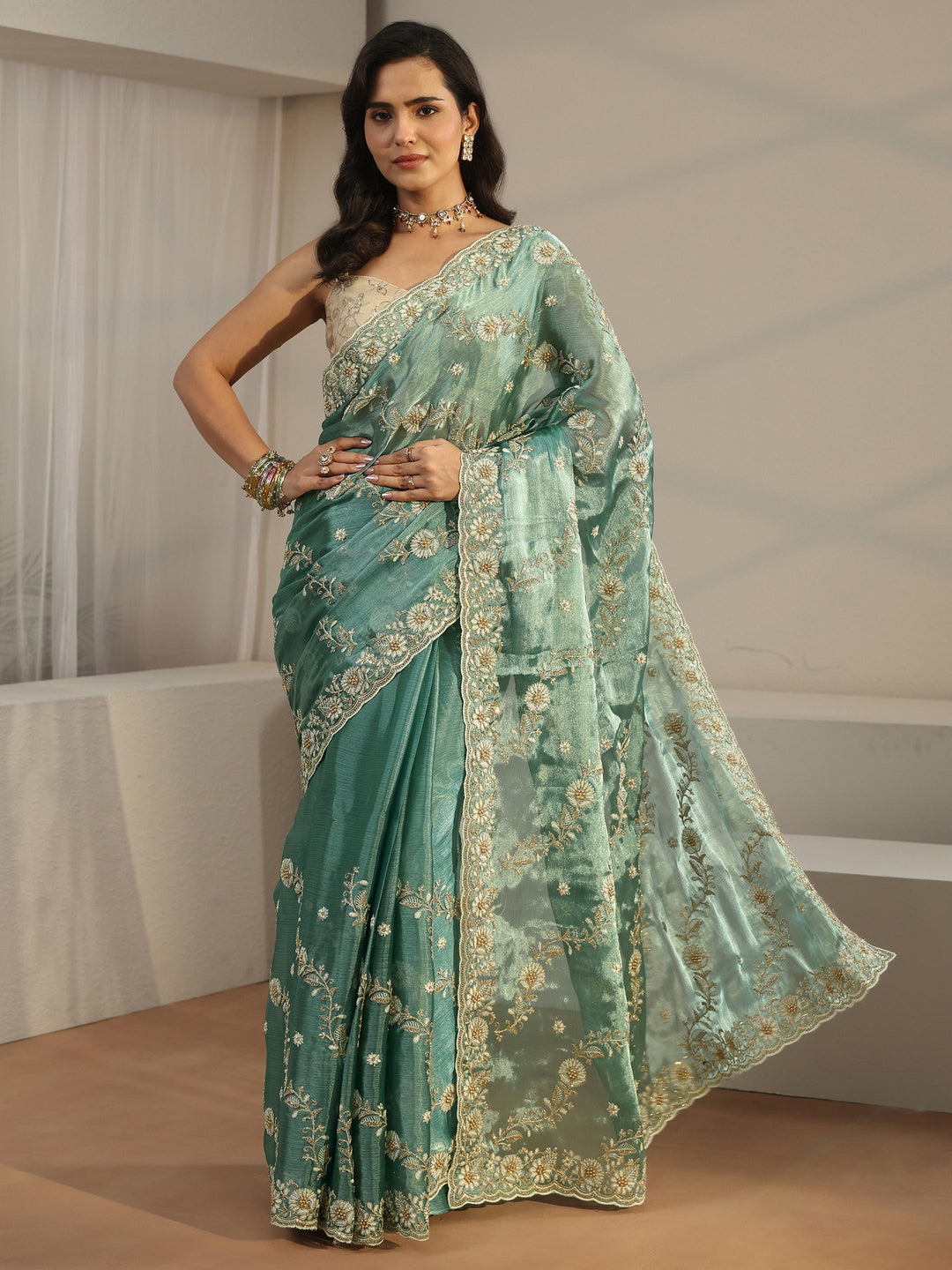  Libas Sea Green Floral Embroidered Tissue Saree 