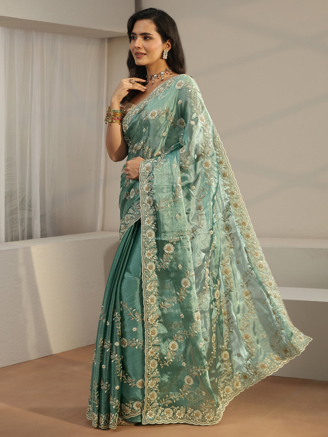  Libas Sea Green Floral Embroidered Tissue Saree 