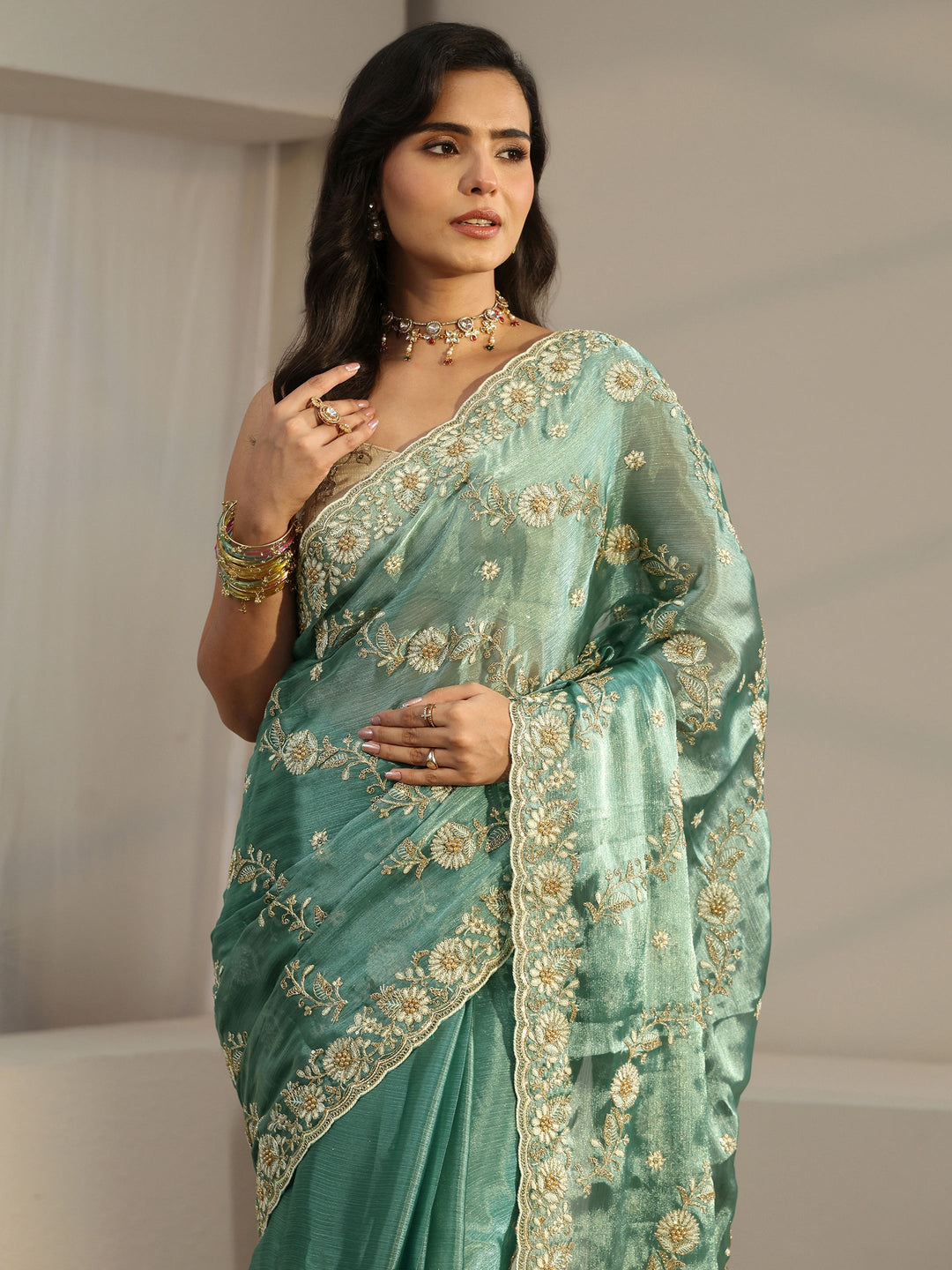  Libas Sea Green Floral Embroidered Tissue Saree 