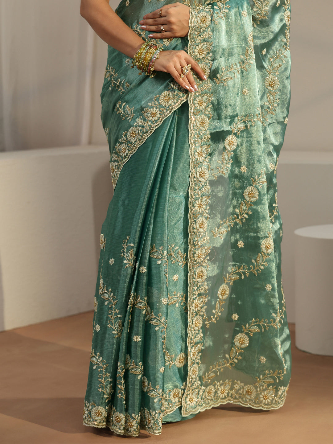  Libas Sea Green Floral Embroidered Tissue Saree 