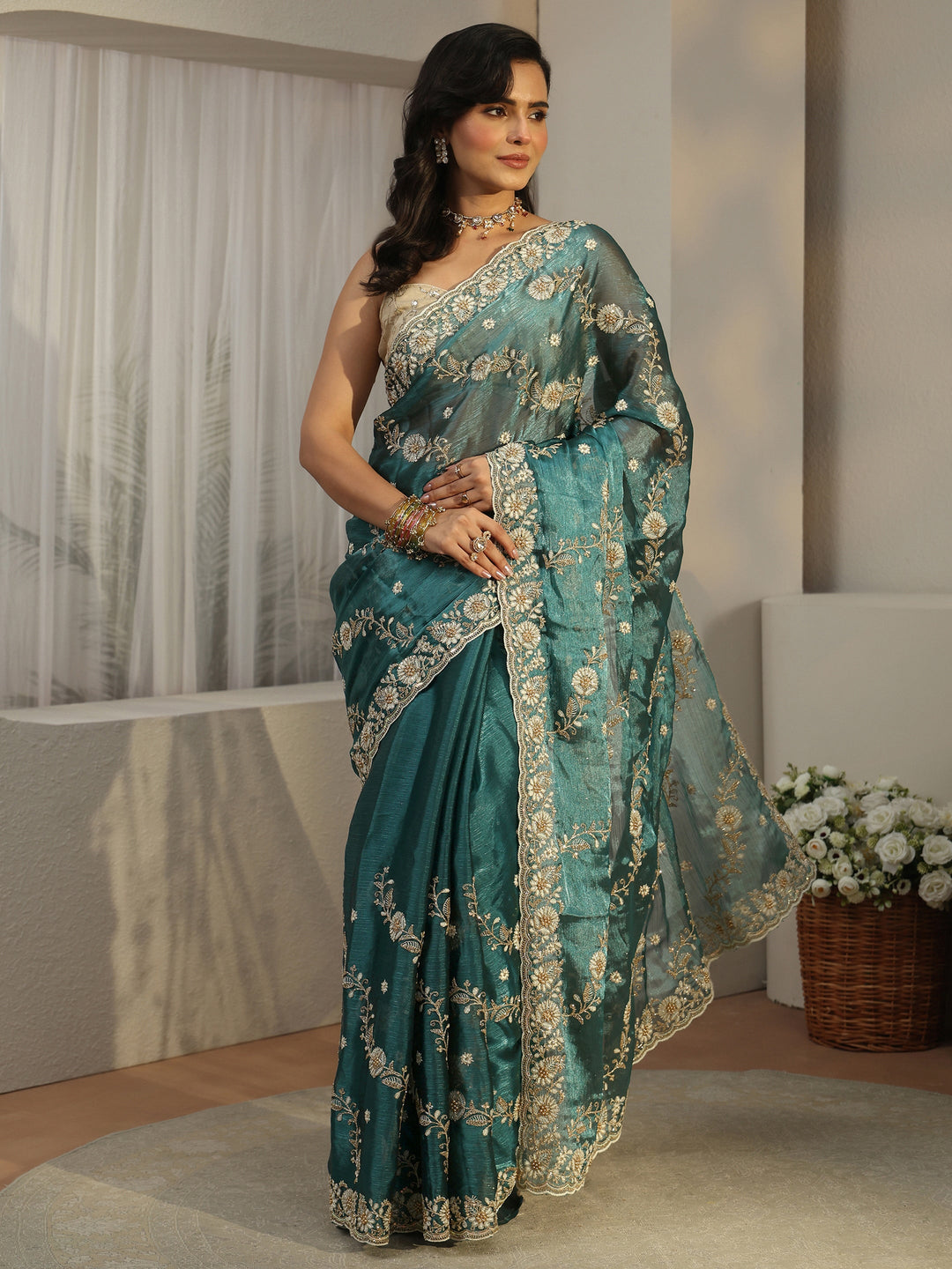  Libas Teal Blue Floral Embroidered Tissue Saree 
