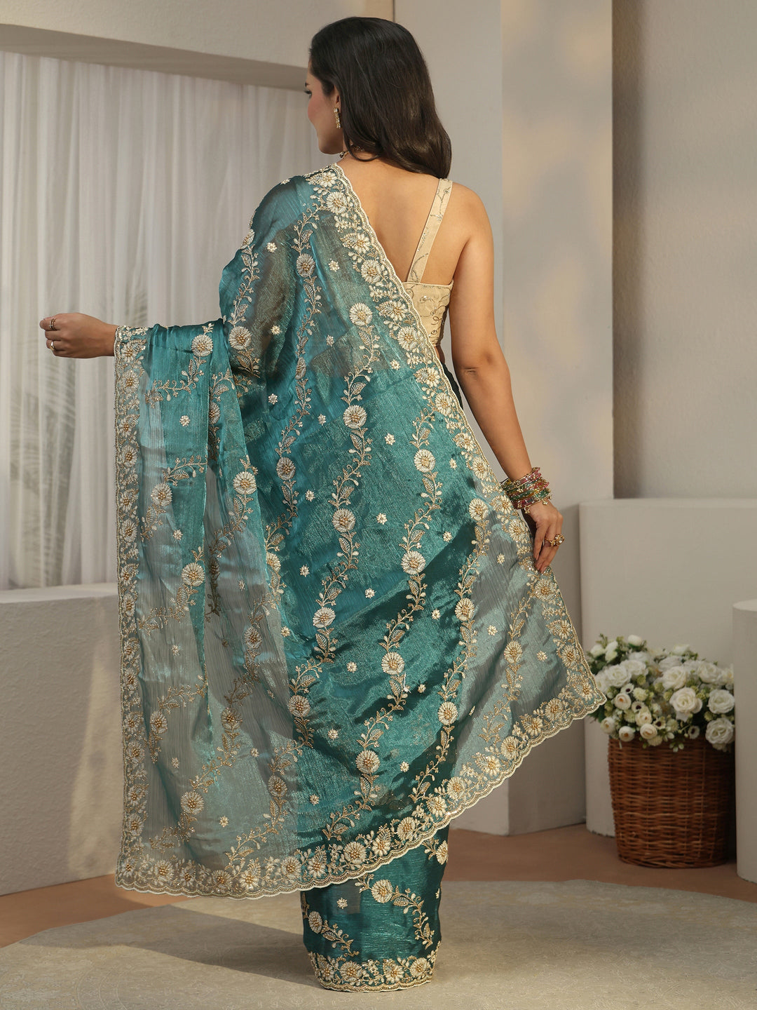  Libas Teal Blue Floral Embroidered Tissue Saree 