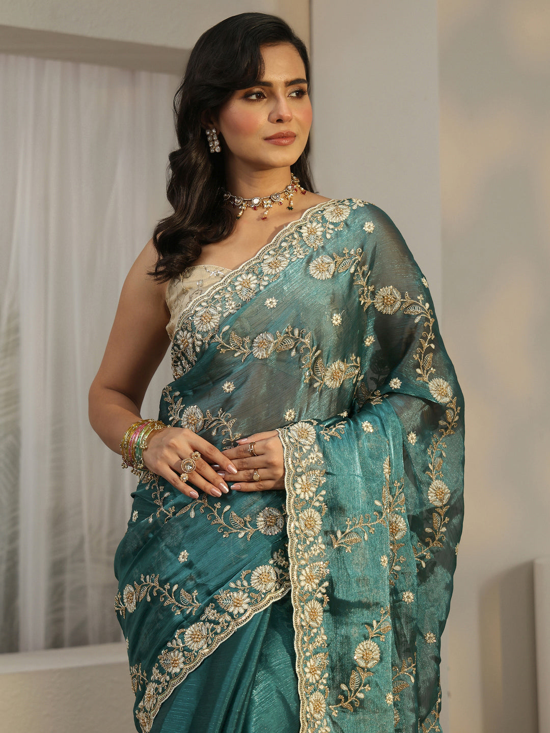  Libas Teal Blue Floral Embroidered Tissue Saree 