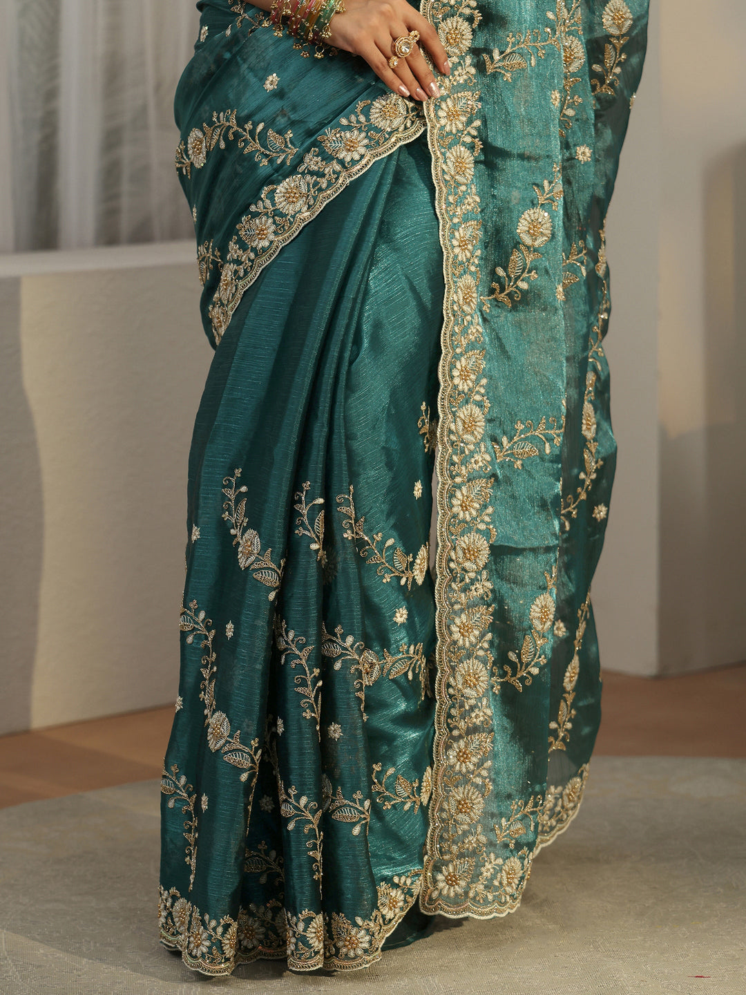  Libas Teal Blue Floral Embroidered Tissue Saree 