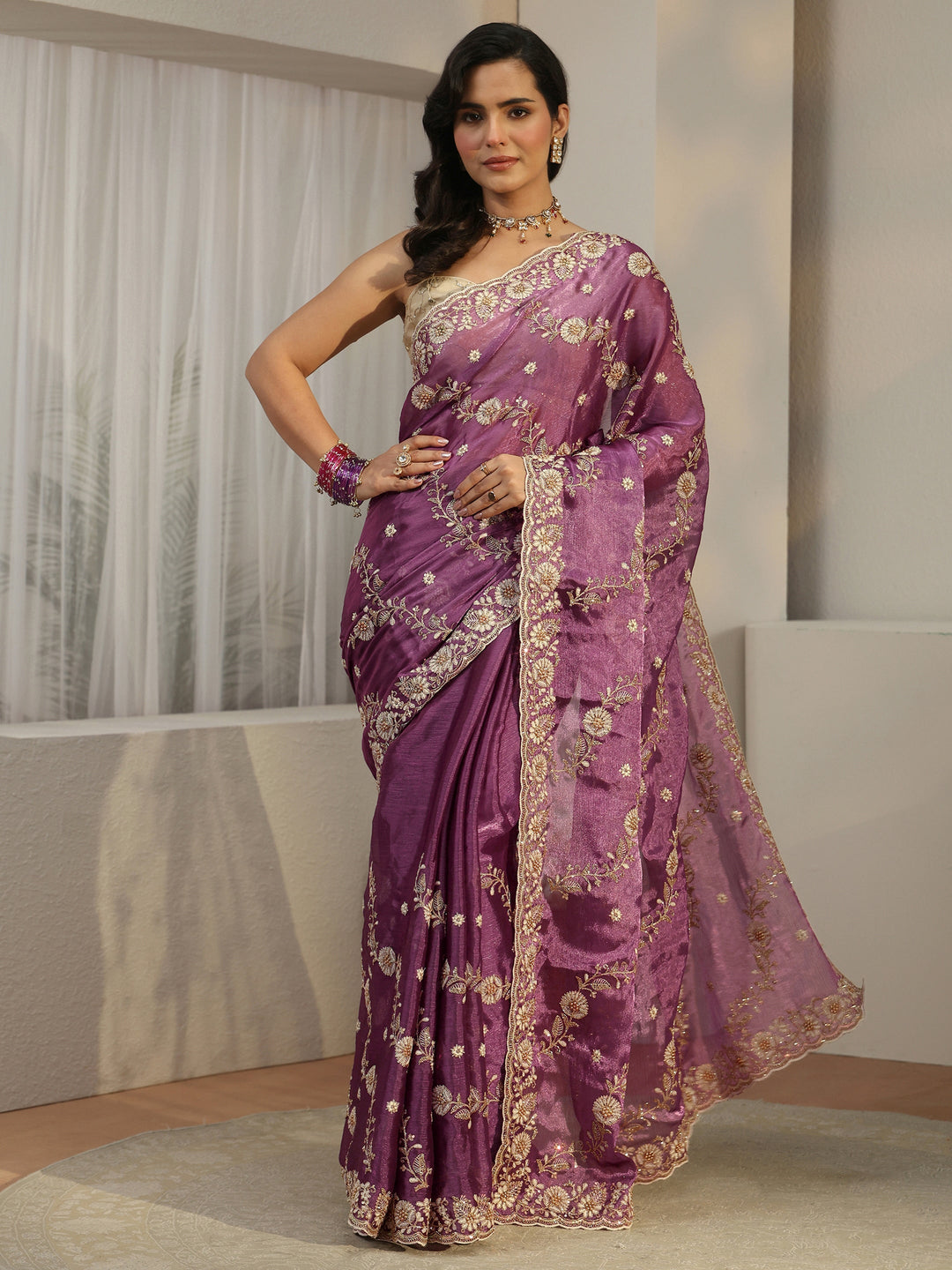 Libas Wine Floral Embroidered Tissue Saree 